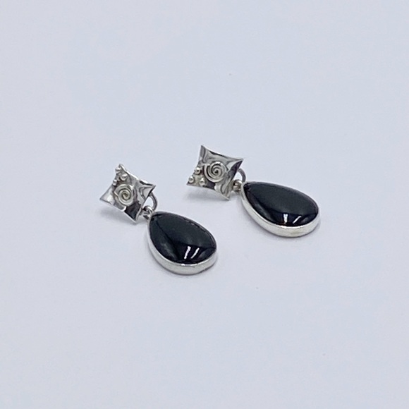 Sterling Silver Black Onyx Stone Dangle Earrings - Picture 1 of 10